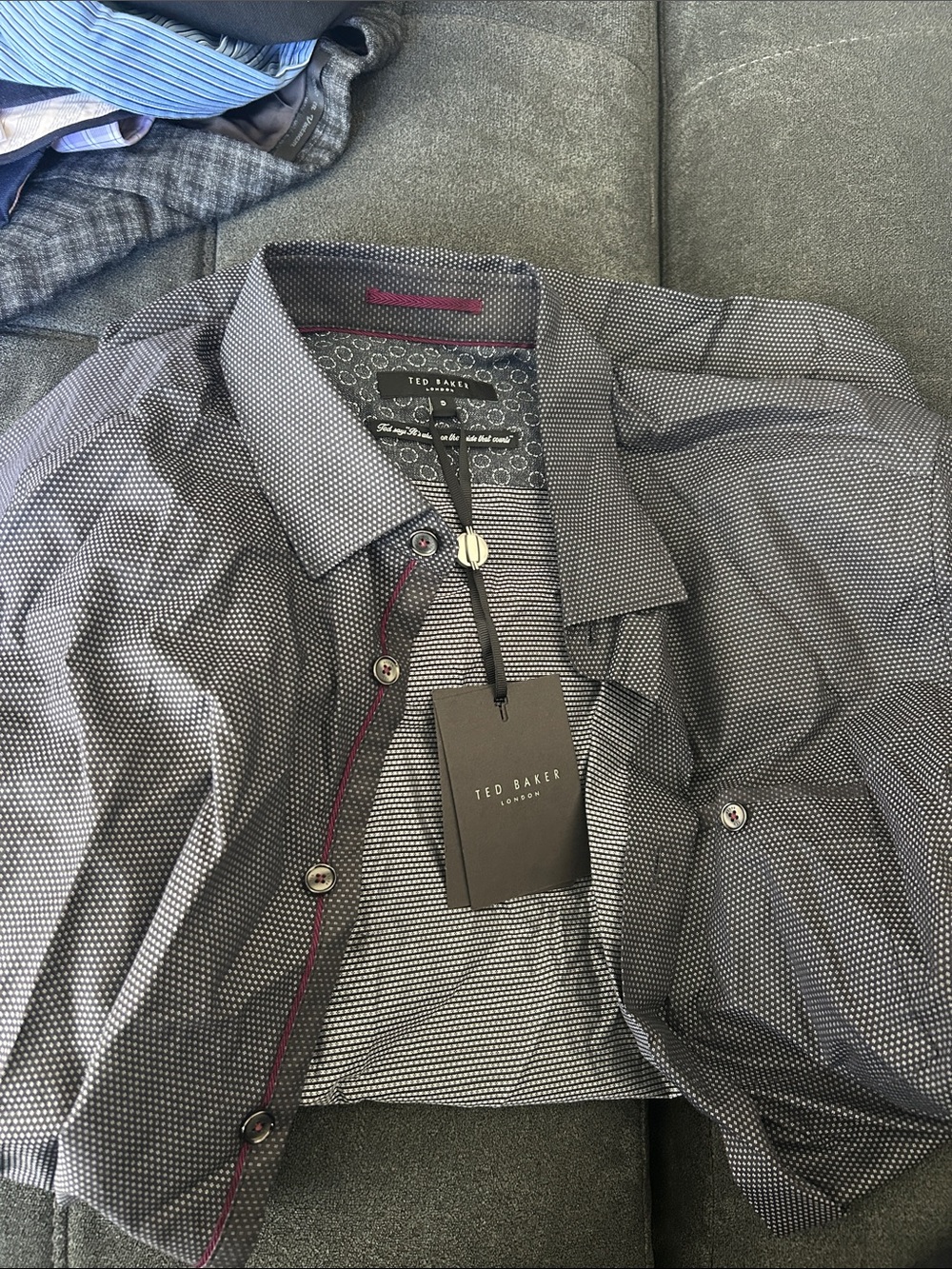 Ted Baker Men’s Black Microdot Button-Down Shirt with Burgundy Trim